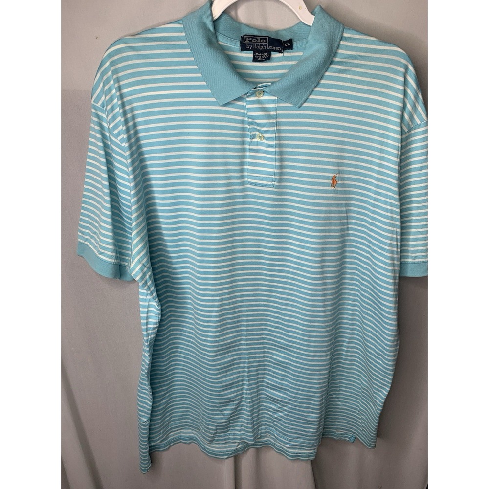 Mens XL Polo Ralph Lauren Blue‎ White Striped Preppy Shirt Short Sleeve Golf
